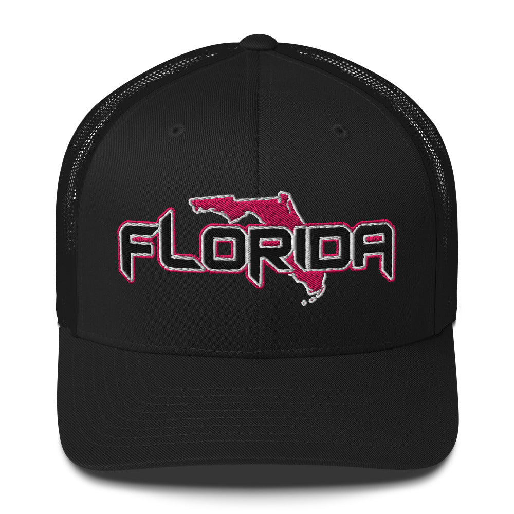 ${Florida Trucker Cap} ${Cap with Florida State map and Florida name on it.} ${xadaprints.com} ${XADA PRINTS}
