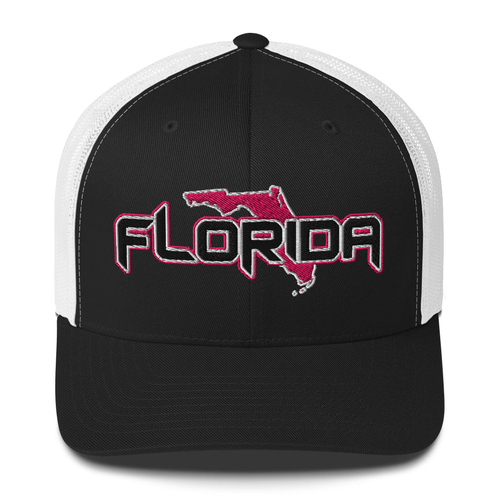 ${Florida Trucker Cap} ${Cap with Florida State map and Florida name on it.} ${xadaprints.com} ${XADA PRINTS}