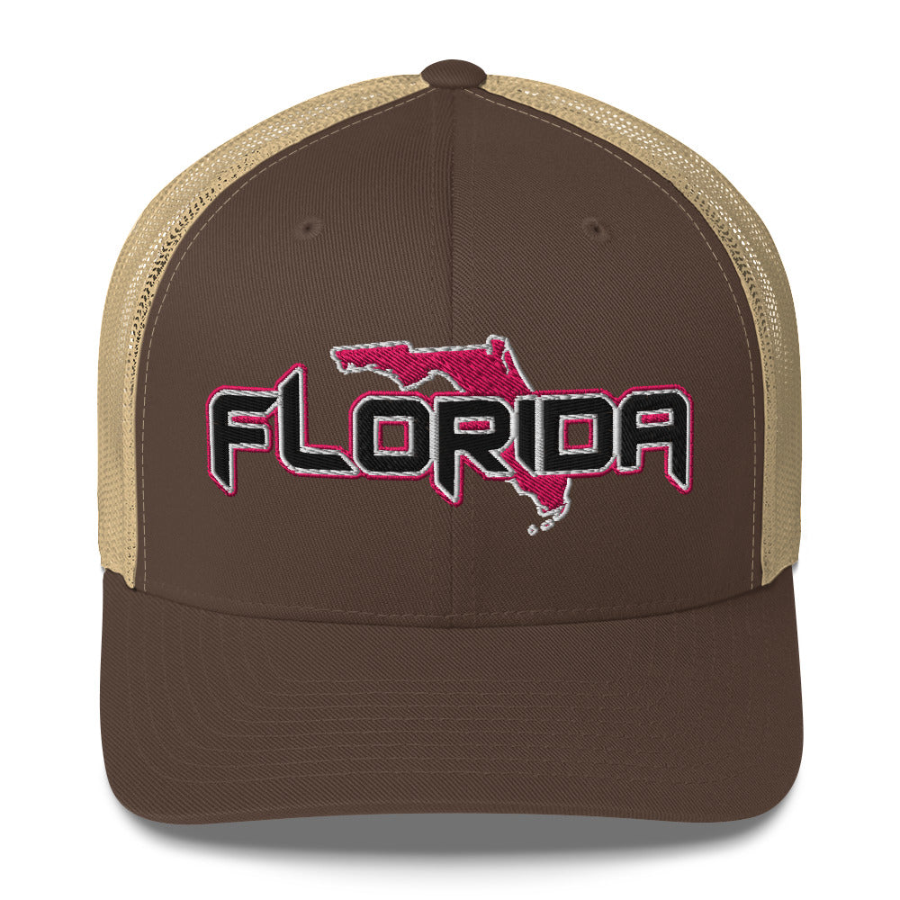 ${Florida Trucker Cap} ${Cap with Florida State map and Florida name on it.} ${xadaprints.com} ${XADA PRINTS}