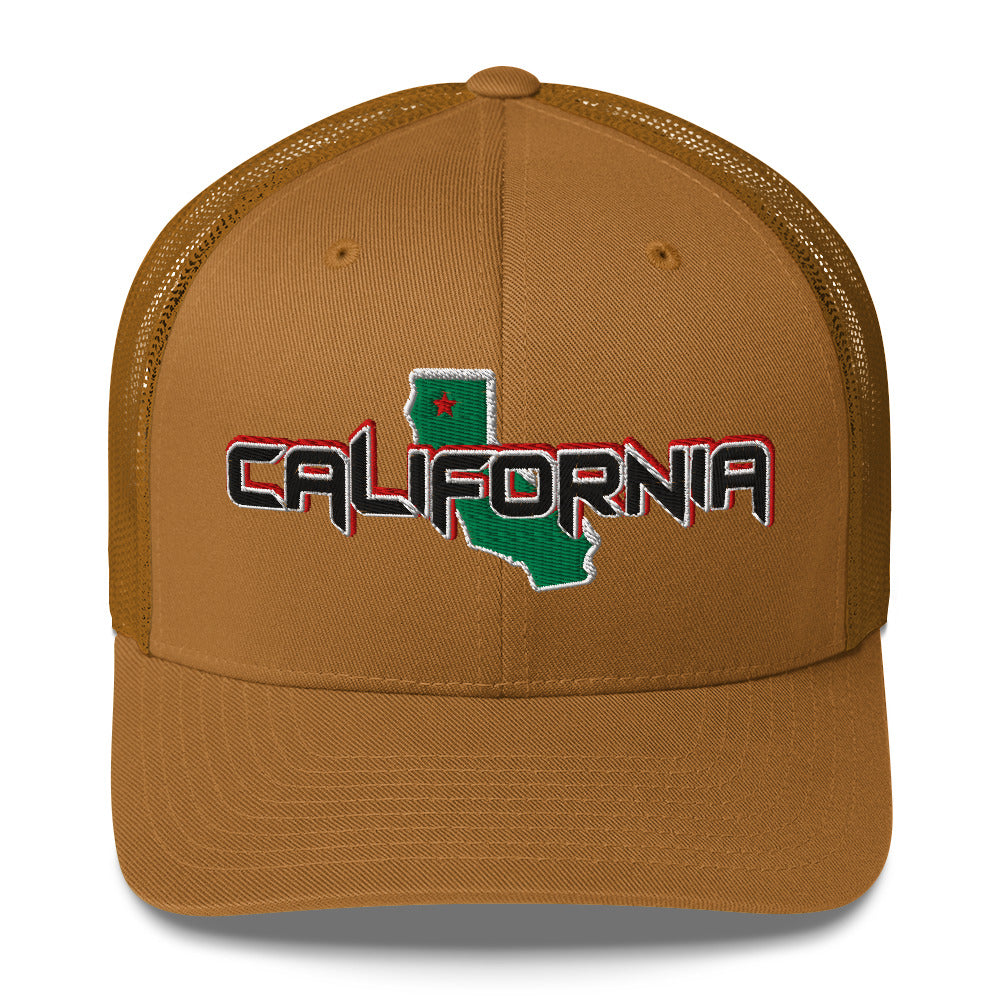 ${California Trucker Cap} ${Cap with California State map and California name on it.} ${xadaprints.com} ${XADA PRINTS}