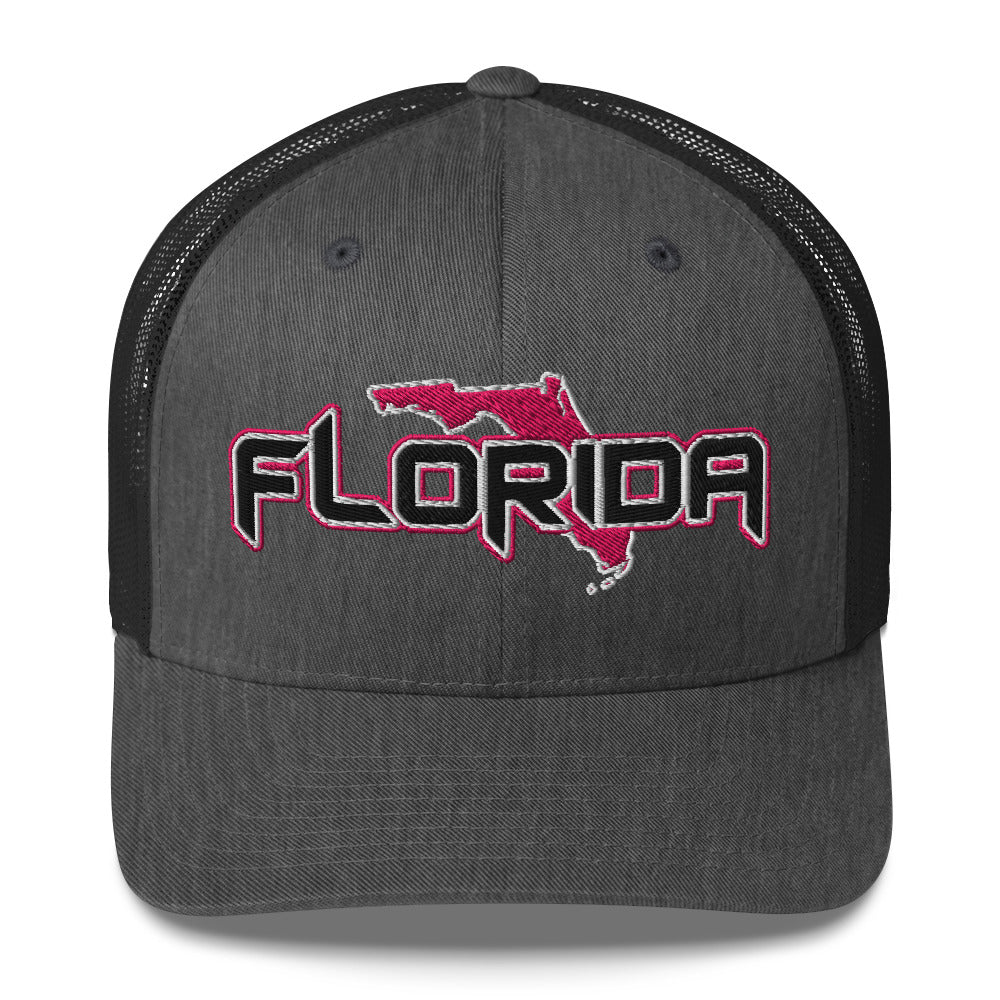 ${Florida Trucker Cap} ${Cap with Florida State map and Florida name on it.} ${xadaprints.com} ${XADA PRINTS}