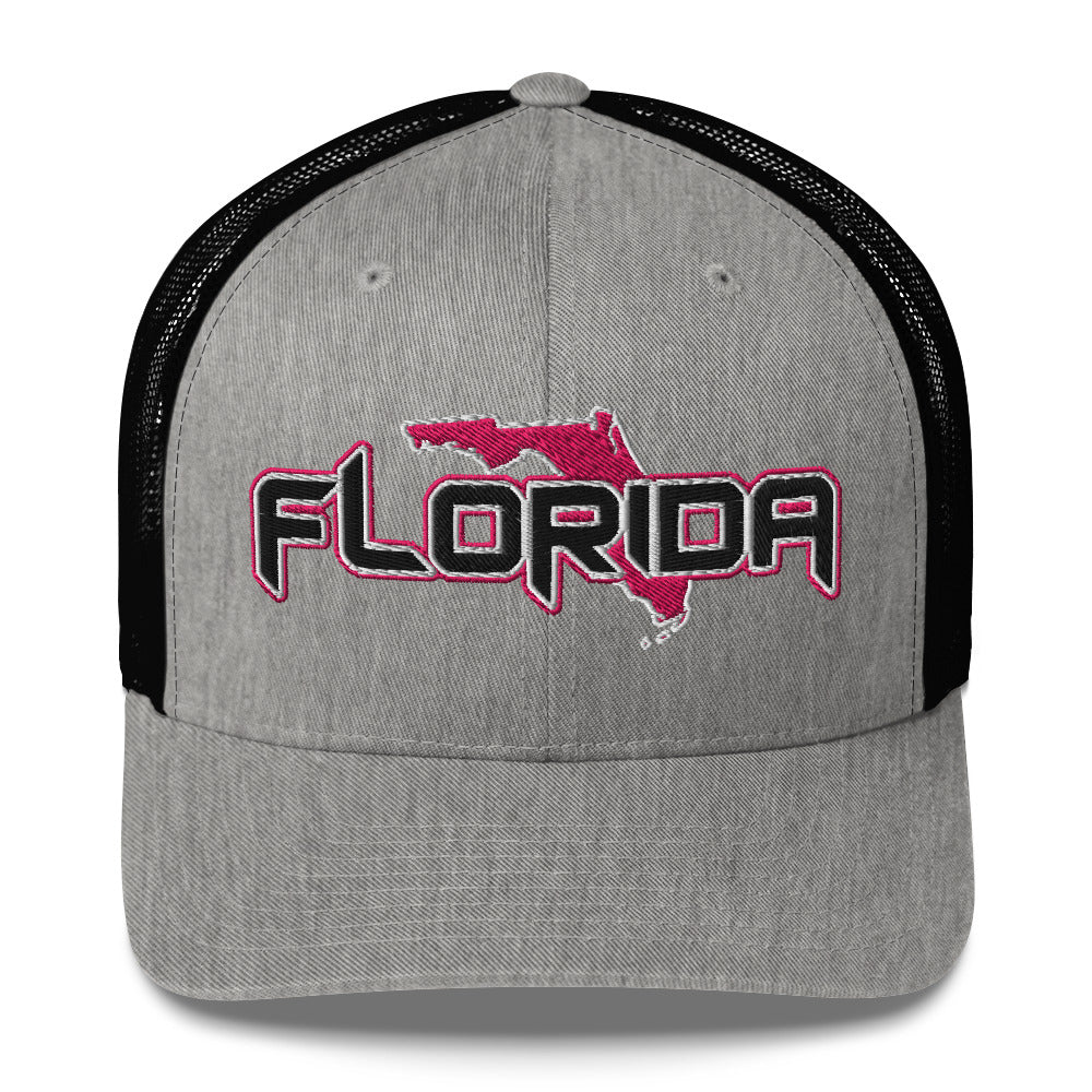 ${Florida Trucker Cap} ${Cap with Florida State map and Florida name on it.} ${xadaprints.com} ${XADA PRINTS}