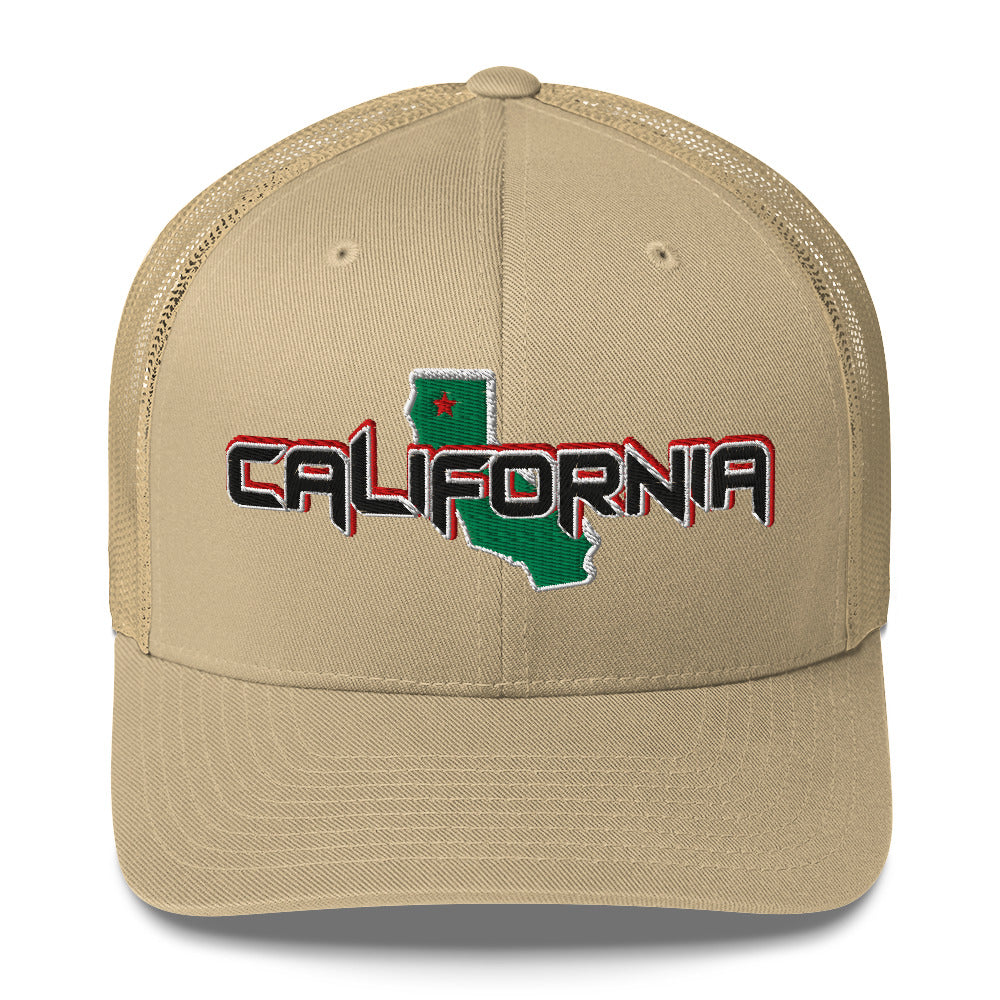 ${California Trucker Cap} ${Cap with California State map and California name on it.} ${xadaprints.com} ${XADA PRINTS}