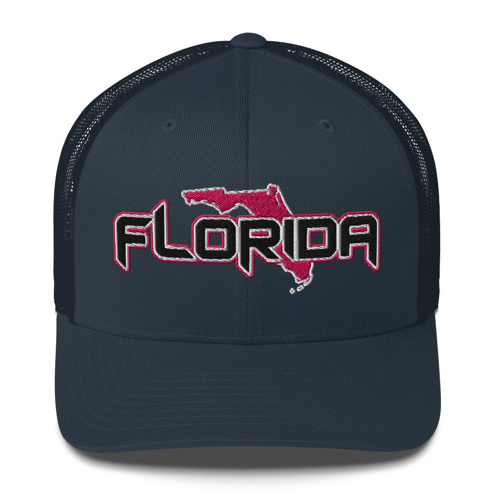 ${Florida Trucker Cap} ${Cap with Florida State map and Florida name on it.} ${xadaprints.com} ${XADA PRINTS}