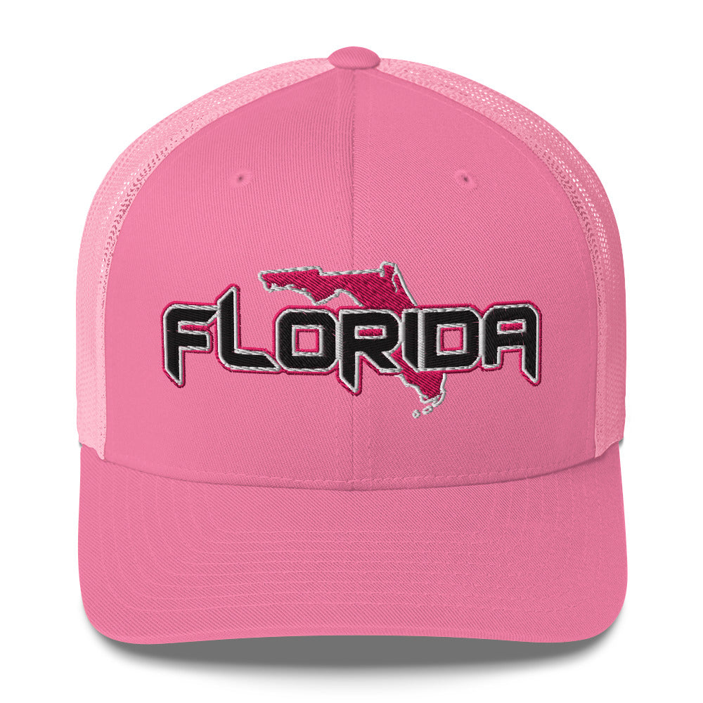 ${Florida Trucker Cap} ${Cap with Florida State map and Florida name on it.} ${xadaprints.com} ${XADA PRINTS}
