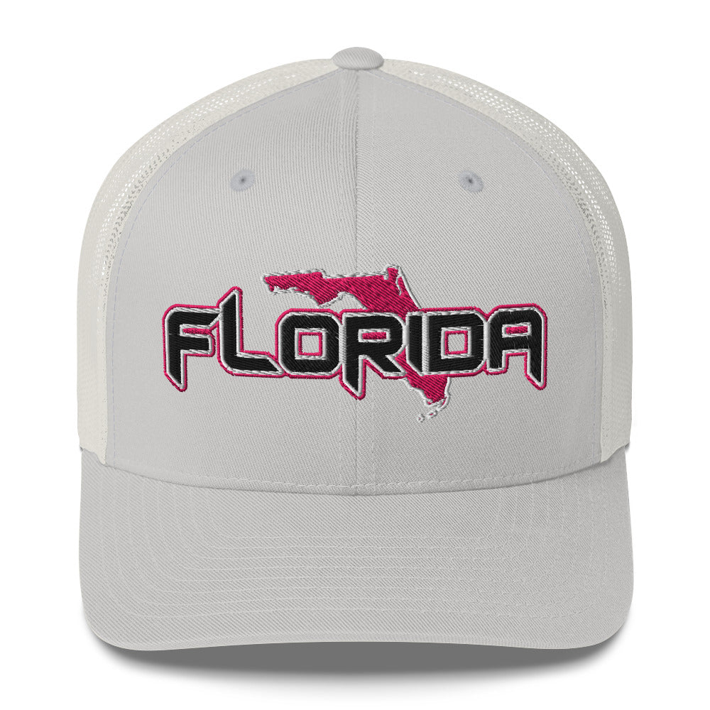 ${Florida Trucker Cap} ${Cap with Florida State map and Florida name on it.} ${xadaprints.com} ${XADA PRINTS}