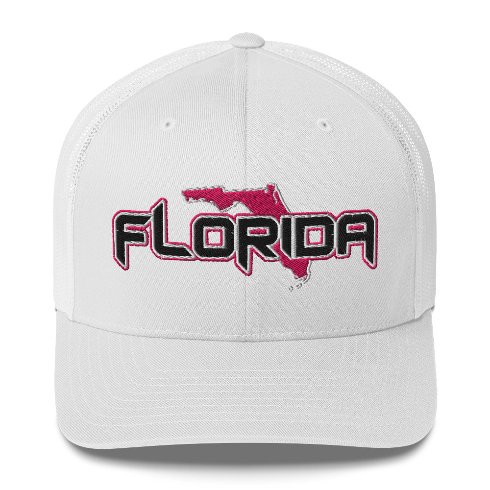 ${Florida Trucker Cap} ${Cap with Florida State map and Florida name on it.} ${xadaprints.com} ${XADA PRINTS}