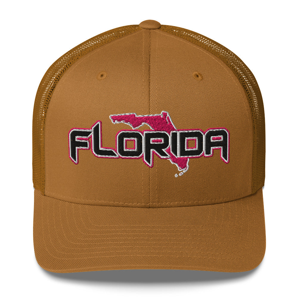 ${Florida Trucker Cap} ${Cap with Florida State map and Florida name on it.} ${xadaprints.com} ${XADA PRINTS}