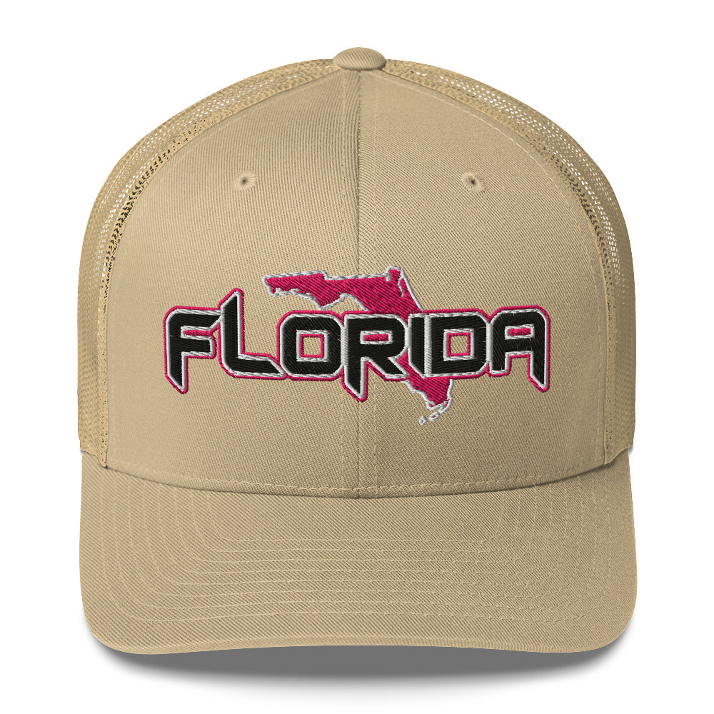 ${Florida Trucker Cap} ${Cap with Florida State map and Florida name on it.} ${xadaprints.com} ${XADA PRINTS}