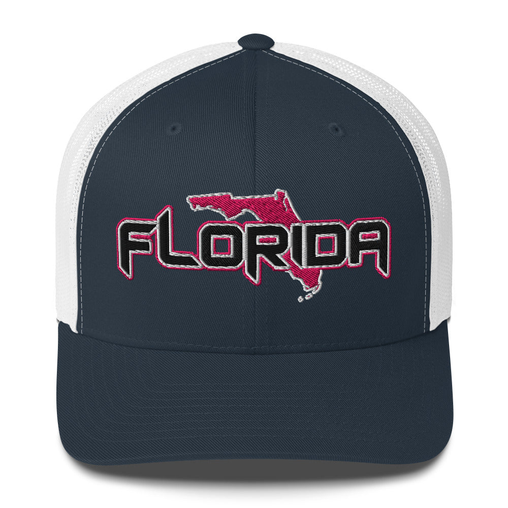 ${Florida Trucker Cap} ${Cap with Florida State map and Florida name on it.} ${xadaprints.com} ${XADA PRINTS}